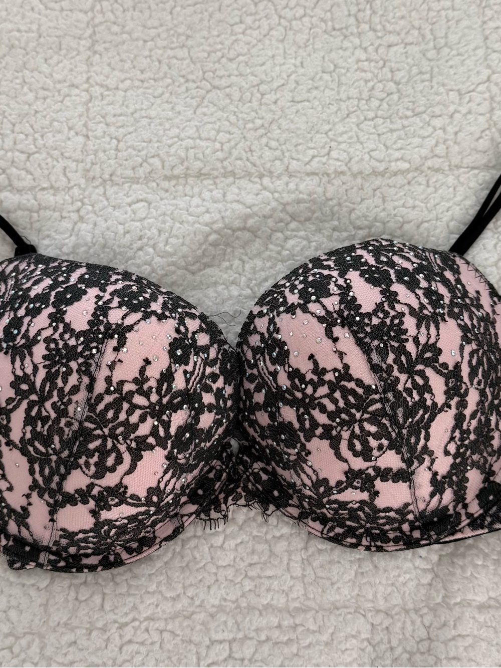 Victoria's Secret Pink Bra with Black Lace and Crystal Detail